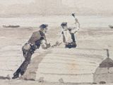 a watercolor painting of a man and a woman on the beach