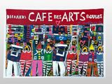 a painting of a group of people standing in front of a cafe
