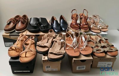 many pairs of women ' s sandals on display in a box