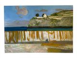 un tableau représentant un homme debout sur une plage au bord d'un plan d'eau