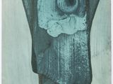 an image of a painting of a blue vase with a flower in it