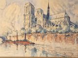 un tableau représentant un bateau devant une grande cathédrale