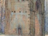 an image of a painting of a building with a tree in front of it
