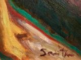 an oil painting of a banana on a table next to a banana peel