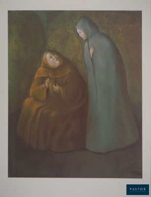 une image représentant un tableau où l'on voit une femme assise à côté d'un homme vêtu d'une robe bleue