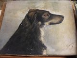 a painting of a dog that is on a table