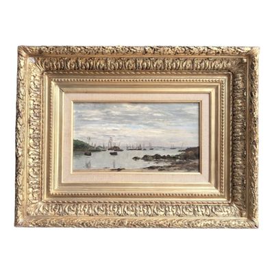 une peinture à l'huile représentant des bateaux sur un plan d'eau, sur fond blanc
