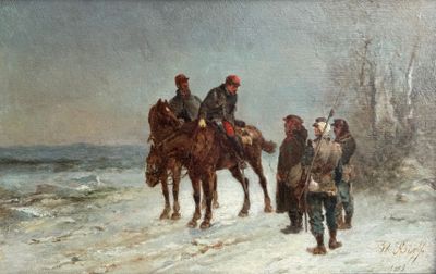 un tableau représentant un groupe d'hommes à cheval dans la neige