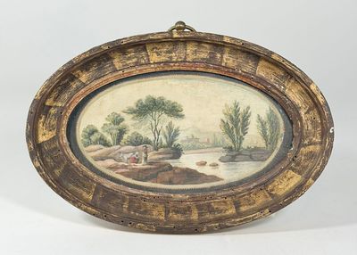 an old picture of a painting of a landscape in a wooden frame