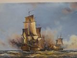 an oil painting of two ships in the ocean with smoke coming out of them