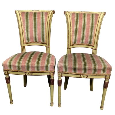 pair of french louis xvi style side chairs with pink and green striped upholstered upholstered upholstered