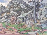 a painting of a small hut in the middle of a rocky area