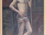 an old painting of a man with a stick in his hand