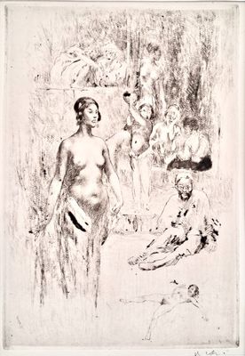 drawing of a woman standing in front of a group of people