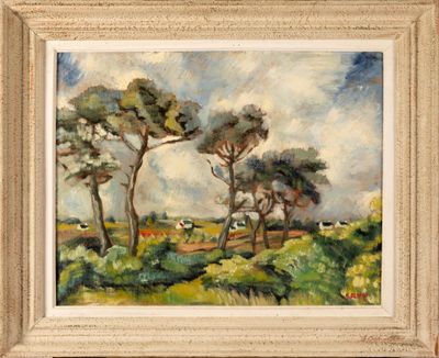 an oil painting of trees in a field with a sky in the background