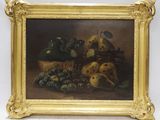 tableau représentant une nature morte composée de fruits et d'un chien tenant un panier de raisins
