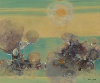 an image of a painting of trees and a sun in the sky