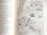 un livre ouvert sur lequel figure le dessin d'un homme tombant d'un arbre