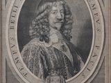 an engraving of a portrait of a man in a coat of arms