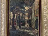 an oil painting of a street scene with a horse drawn carriage