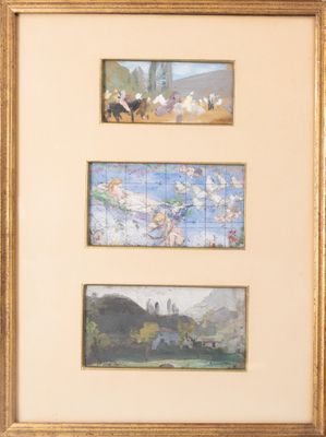 three framed paintings of horses and people in a landscape