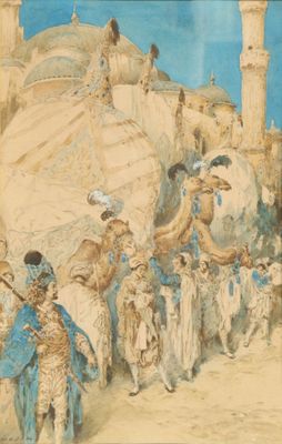 painting of a group of people walking in front of a building