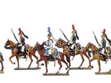 seven figurines of men riding horses with flags on them