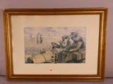 tableau représentant un homme au volant d'une voiture, avec un chien sur la banquette arrière