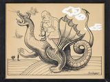 drawing of a dragon with a man on a boat in the background