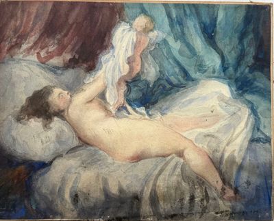 a painting of a naked woman laying on a bed