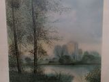 painting of a landscape with trees and a lake in the foreground