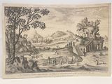 an old drawing of a village with people and horses in the foreground