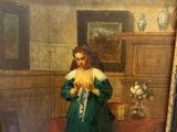 painting of a woman in a green dress in a room