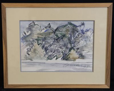 aquarelle encadrée représentant un paysage avec des arbres au premier plan