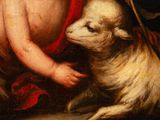 a painting of a baby and a sheep in a room