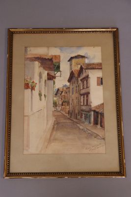 painting of a street scene with buildings and a clock in a gold frame