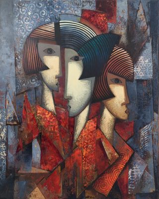 un tableau représentant deux femmes portant des chapeaux et un manteau rouge