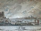 un tableau représentant une vue de ville avec des bateaux sur l'eau