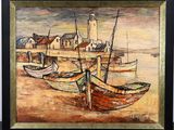 a painting of boats on the beach with a lighthouse in the background