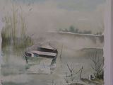 a picture of a painting of a boat in the water