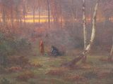 a painting of a man and a woman in the woods