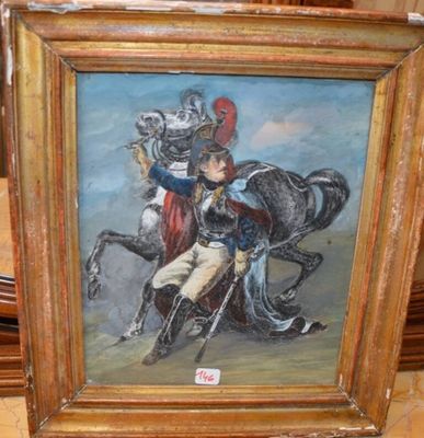 tableau représentant un homme à cheval, avec un chevalier sur le dos