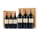 six bottles of red wine in a wooden box