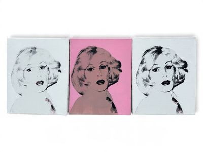 three paintings of marilyn monroe in pink and black on a white background