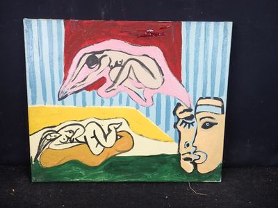 un tableau représentant une femme allongée sur un lit, à côté d'un tableau représentant un homme