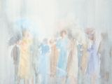 a painting of a group of people walking in the rain