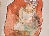 a drawing of a woman in a dress sitting on a rock