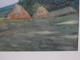 painting of two straw bales in a field with mountains in the background