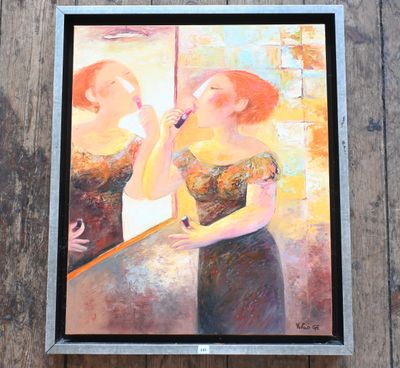 un tableau représentant une femme en train de se brosser les dents devant un miroir