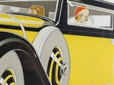 a painting of a yellow and black car with a man in the driver ' s seat